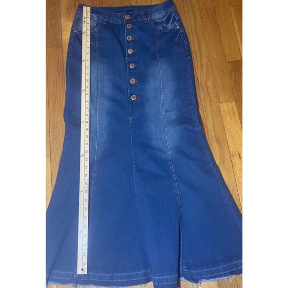 Y2K Be-Girl A Line Low Rise Denim Long Modest Maxi Skirt Frayed Hem Grunge XS - Picture 2 of 6